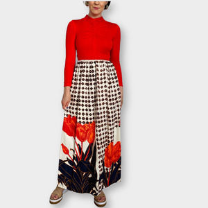 Vintage‎ 70s Red Top with Navy, Red and Orange Floral Skirt Maxi Dress